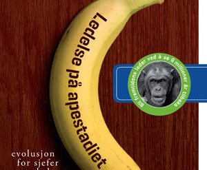 Omslag på boken Ledelse på apestadiet. En banan og en ape.
