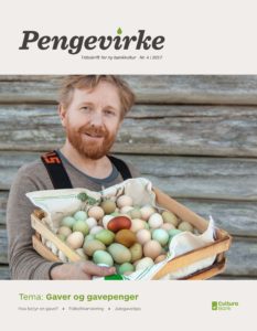 Forsiden av Pengevirke nr 4 2017. Mann som holder en kurv med egg.