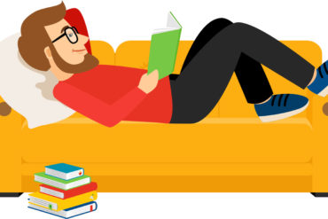 Tegnet illustrasjon av lesende mann på sofa