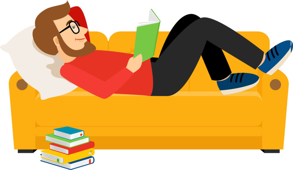 Tegnet illustrasjon av lesende mann på sofa