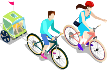 Illustrasjon av mann og dame på sykkel med sykkelvogn