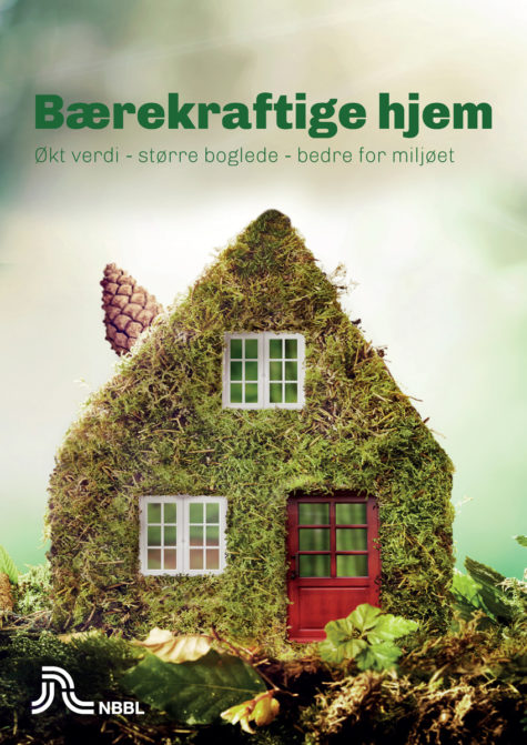 Omslag på bærekraftsbrosjyre, viser hus med grønne vekster på fasaden.
