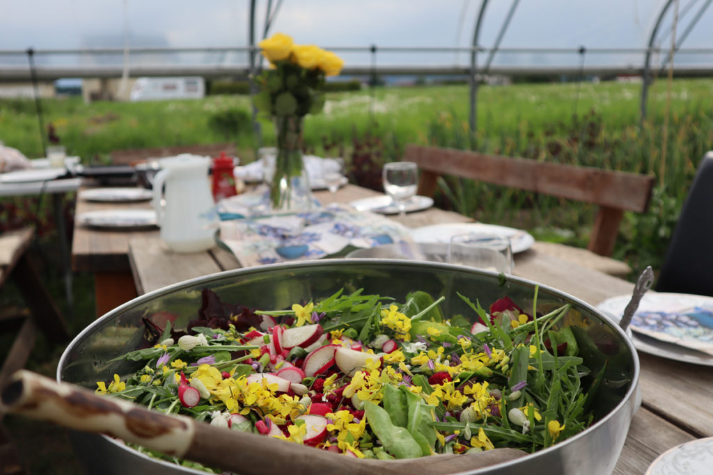 Stålbolle med salat på utendørs bord