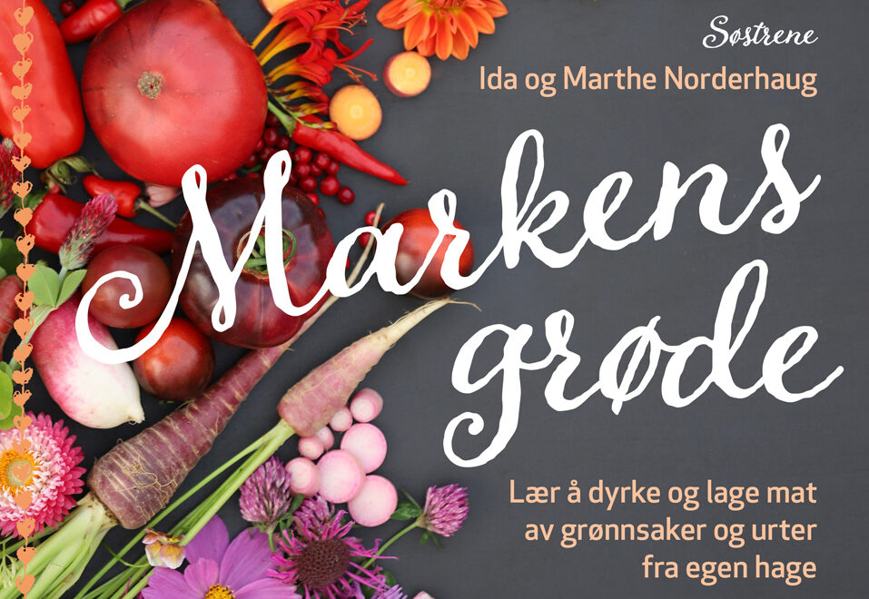 Grønnsaker i bakgrunnen av boktittel