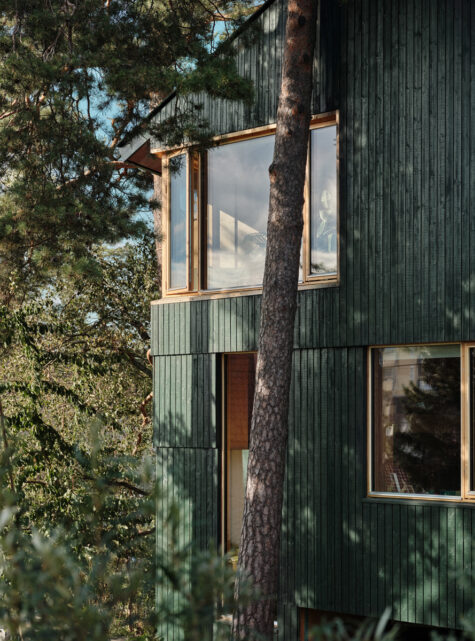 Grønnmalt hus med store vindusflater i grønn skog.